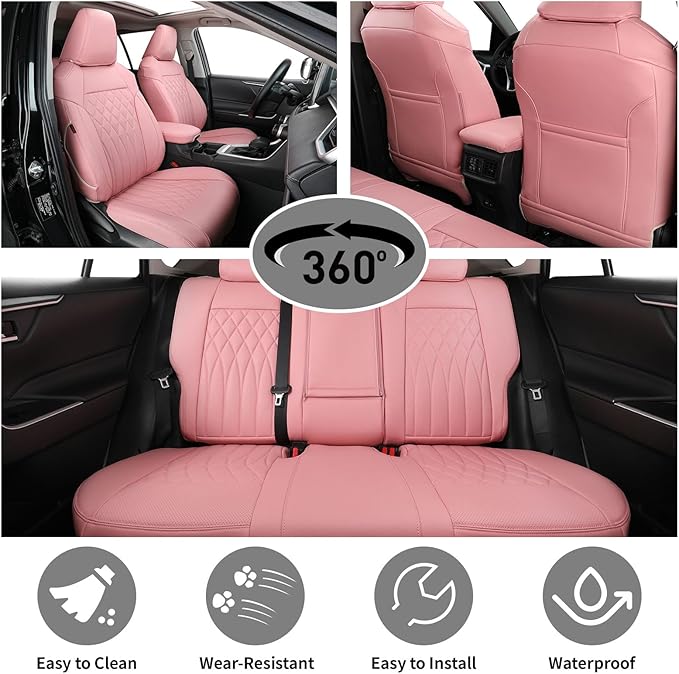 EKR Rav4 Seat Covers Custom Fit for Toyota Rav4 (Hybrid) SE/XSE & (PHEV) GR Sport 2026, Car Seat Cover Full Set for SUV,Factory-Style Upgrade, Easy-Wipe Protection,Faux Leather(Pink)