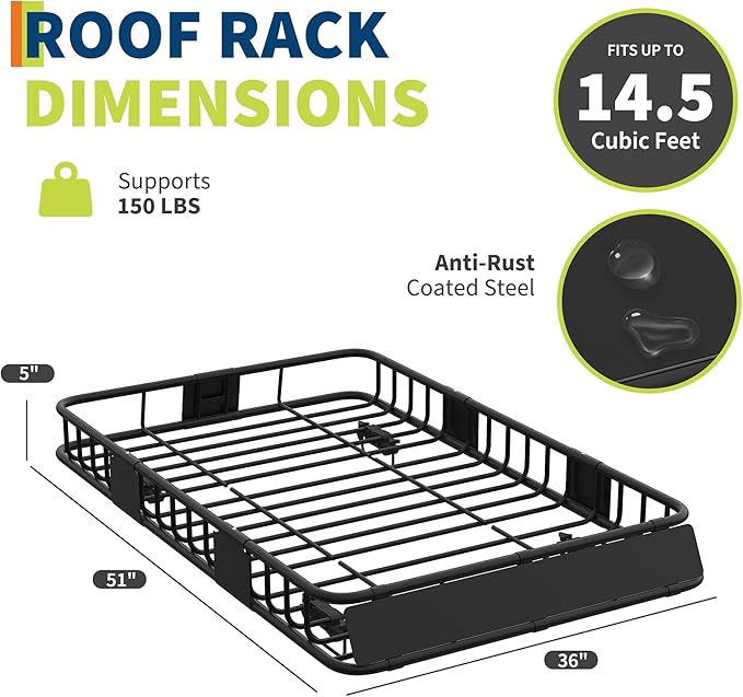 51"X 36"x 5" Universal Roof Rack Basket,Heavy Duty Weather Resistant Top Mount Cargo Rack, Luggage & Camping Gear Storage for Car, Truck or SUV Transport