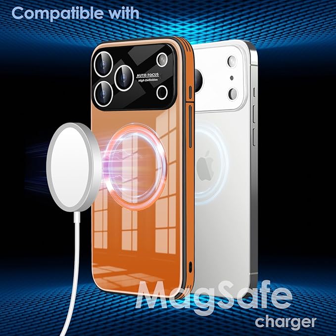 Guppy Compatible with iPhone 17 Pro Max Magnetic Case, with Full Camera Lens Protector [Compatible with MagSafe] Scratch Resistant Gradient Glass Back Cover Phone Case-Orange