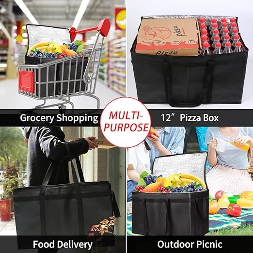 CIVJET Insulated Food Delivery Bag, XXXL Insulated Reusable Grocery Cooler/Hot Bags, Tote Bag for Shopping/Travel, Catering Bag 22x14x13, Black, 3-Pack