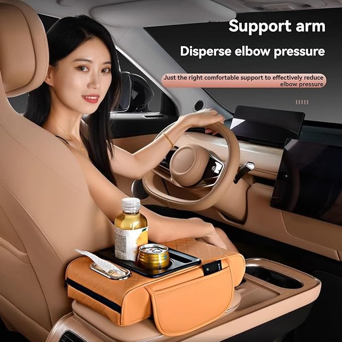 Multifunctional Pu Leather Car Armrest Box Mat, 5-In-1Multifunctional Car Armrest Cushion, Car Arm Rest Cover Pad, Center Console Organizer with Cup Holder, Tissue Box & Phone Slot (Burgundy)