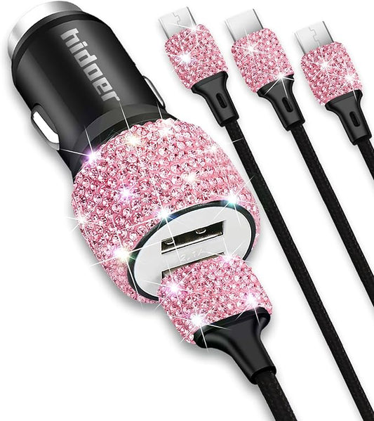 Bling USB Car Charger 5V 2.4A Pink Crystal Decor Dual Port Fast Adapter with 4ft Nylon Type C Micro USB 3 in 1 Multi Charging Cable for iPhone iPad Android, Auto Interior Accessories for Women