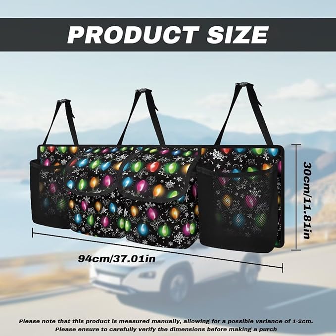 Christmas Light Car Trunk Organizer with 4 Pockets, Hanging Car Backseat Storage Bag with 3 Adjustable Straps, Car Interior Accessories for SUV, Truck,Van