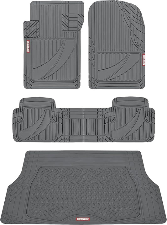 Motor Trend FlexTough™ Heavy Duty Gray Rubber Car Floor Mats All Weather & Cargo Liner for SUV Full Set - Universal Trim to Fit Automotive Floor Mat & Trunk Mats for Cars Interior Accessories