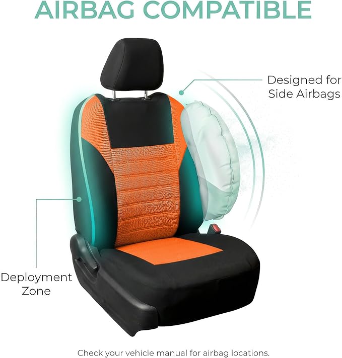FH Group Automotive Car Seat Covers Full Set Premium 3D Air Mesh Front Seat Covers, Airbag Compatible & Split Bench Cover Universal Fit Interior Accessories for Cars Trucks and SUVs - Orange
