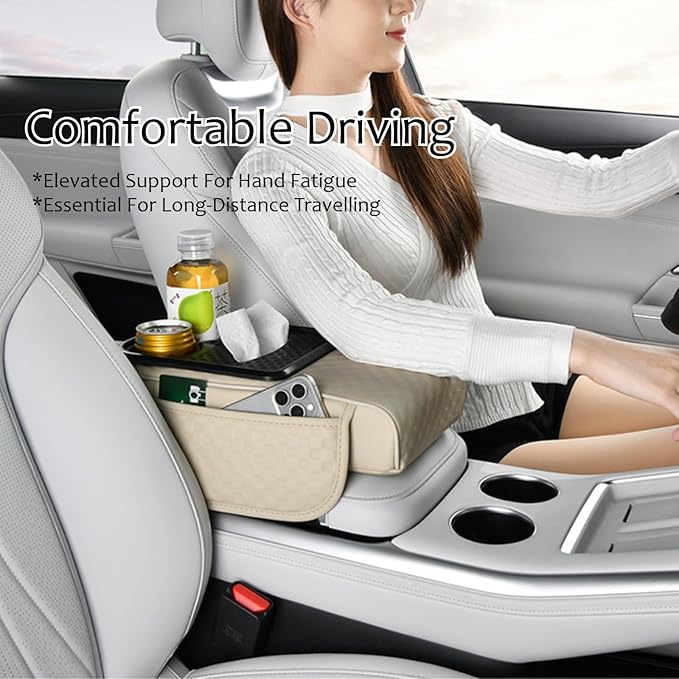 Car Center Console Armrest Pad, Arm Rest Box Cushion with Ergonomic Height Boost, Storage Pockets, Built-in Tissue Box, Cupholder, Fit for Most Sedan Vehicles (Embossing Checkerboard, Black-Red)