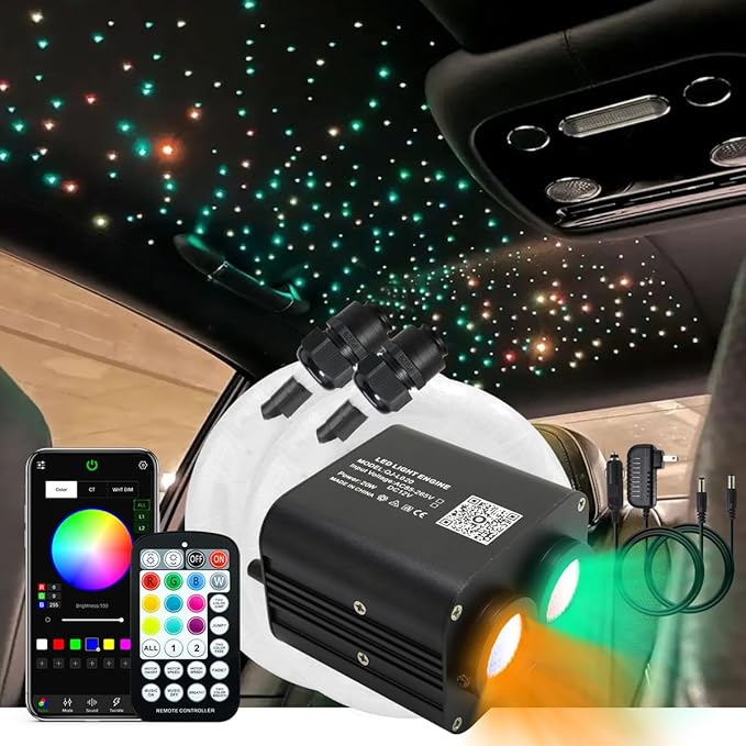 AKEPO 20W Twinkle Dual-Head Dual Color Fiber Optic Lights, Fiber Optic Star Ceiling Light Kit Sound Activated APP Remote Control for Car Starlights Headliner/Home 600pcs 13.1ft/4m Fiber Strands