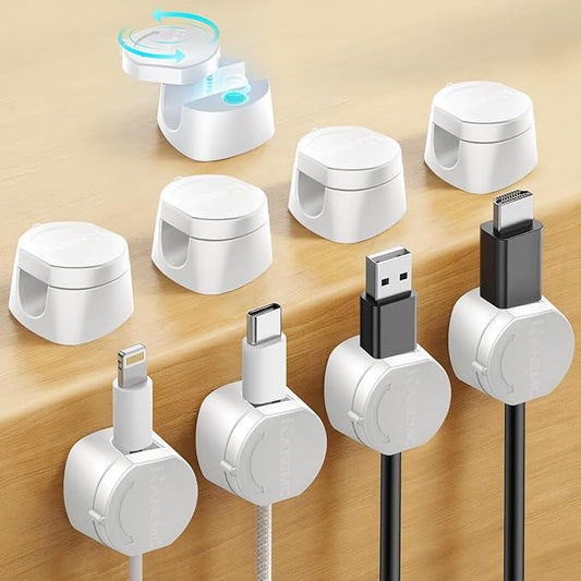Kanemc Cable Clips Cord Holder for Desk, 360° Spin Magnetic Wire Organizer Self Adhesive Cord Management for Office Desks Cars Home Kitchen Electronic Accessory (White, 9 PCS)