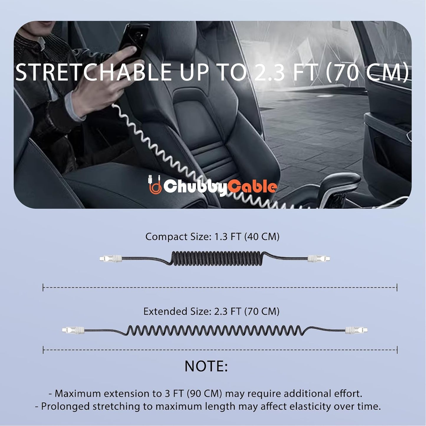 chubbycable Curly Chubby - Retractable Fast Charging Cable 240W Coiled Charger Cord for Car Durable USB-C Cable for Phones, Tablets and More, Purple+Purple, Type-C to Type-C, 1.3FT-2.3FT