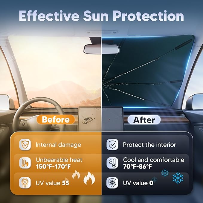 Autorder Windshield Sun Shade Umbrella for 2021-2025 Ford Bronco Sport Accessories,Upgraded Ice Crystal Material,Easy Setup Umbrella Sunshade for Car Windshield,100% Sun Blocking(Not for Bronco)