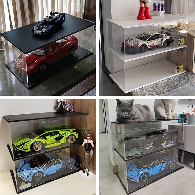 Choowin 2 Layer Acrylic Display Case for Lego Cars (McLaren P1, Ferrari SP3, Bugatti Chiron, Porsche 911, Lamborghini) & 1/8 Diecast Cars - Dustproof Assemble Display Case with Door (Black)