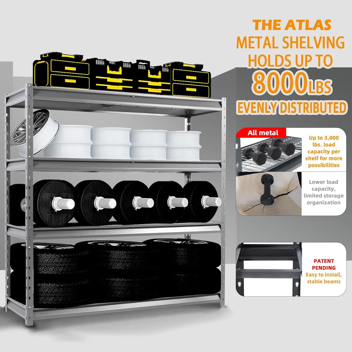The Atlas 72" W Heavy Duty Garage Shelving Load 8000 Lbs, 4 Tier Metal Storage Shelves, Adjustable Industrial Steel Rack for Warehouse Basement Shop, 72" W x 24" D x 72" H, Grey