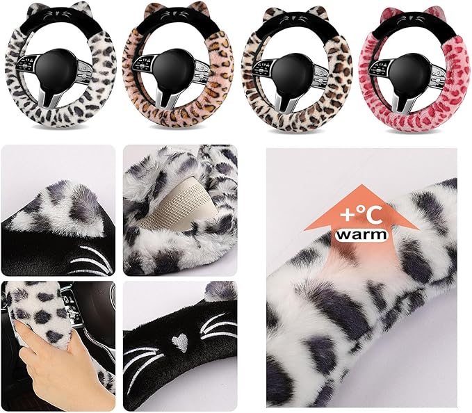 Dotesy 3D Ear Furry Cheetah Car Steering Wheel Cover Set Fluffy Faux Wool Steering Wheel Protector Leopard Anti-Slip Soft Warm Car Accessories for Women (Pink)