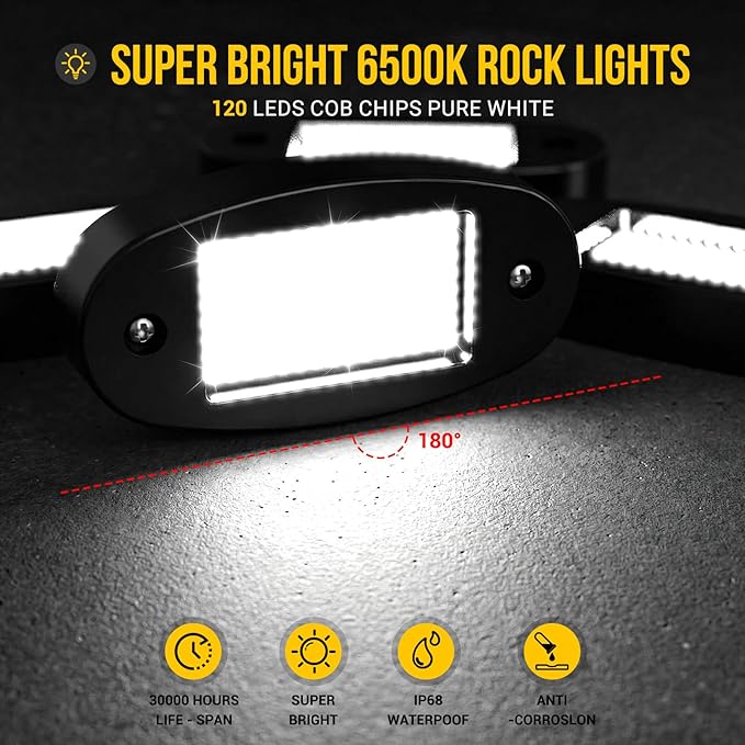 Hovano 12 Pods COB White Rock Lights, 120 COB Chips 6500K Pure White Super Bright Neon Underglow, IP68 Waterproof Shockproof Off-Road Light Kit for Pickup Trucks, SUV, UTV, ATV, RZR, Cars & Boats