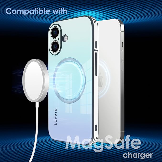 Guppy Compatible with iPhone 16 Plus Case Magnetic, with Full Camera Lens Protector [Compatible with MagSafe] Scratch Resistant Gradient Glass Back Cover Phone Case-Blue