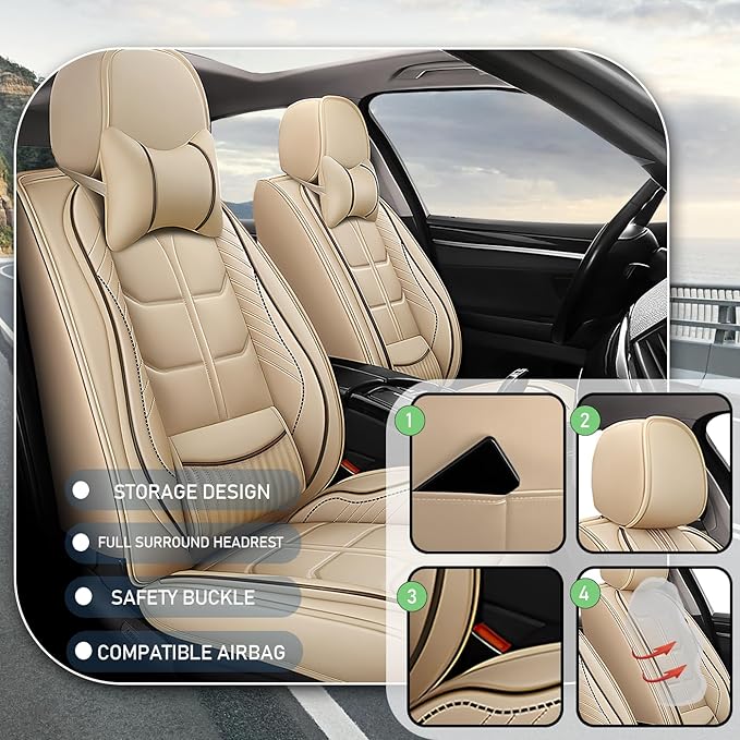 Leather Car Seat Covers Fit for Toyota Mirai 2016-2024, 5 Seater Car Seat Cover, Premium Waterproof, Scratch Resistant Car Interior Accessories (Full Set with Pillow Beige)