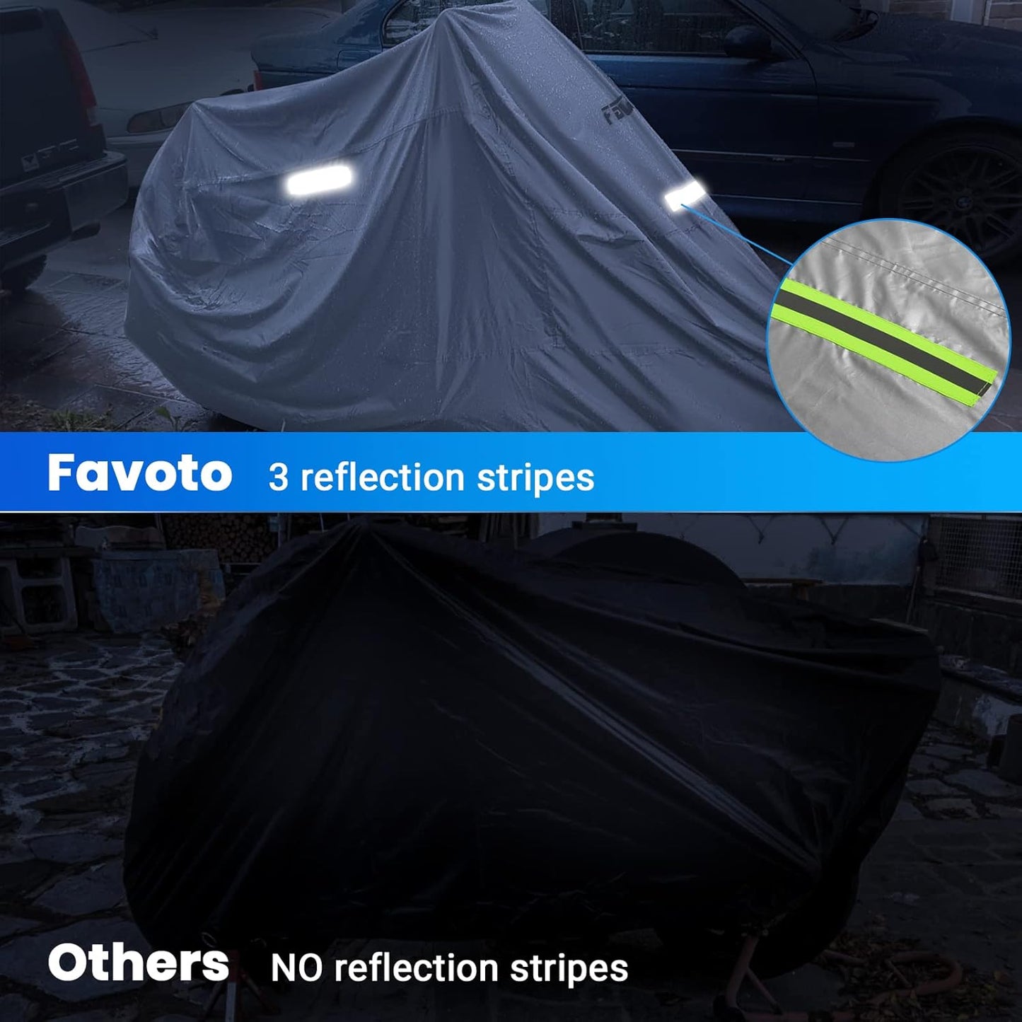 Favoto Motorcycle Cover Universal Heavy Duty Oxford Fabric with Lock-Hole 3 Night Reflectors Windproof Buckles Carrying Bag Waterproof Rain Dust Sun Outdoor Protection Silver, 96.5 inch