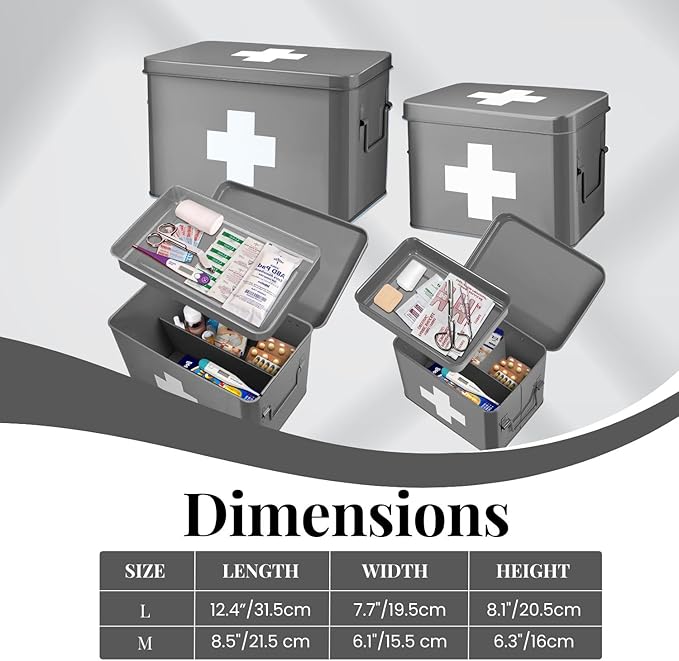 Flexzion Vintage First Aid Kit - 13" Gray Metal Box with Dividers, Removable Tray and White Cross Logo