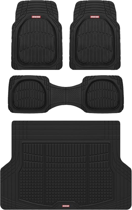 Motor Trend FlexTough Contour Liners Deep Dish 3 pc Rubber Floor Mats & Trimmable Trunk Liner Cargo Mat - Heavy Duty All Weather Protection Car Mats with Traction Grips Car Accessories (Black)