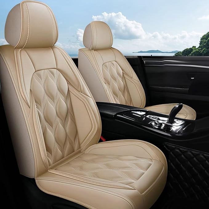 AOMSAZTO Car Seat Covers,2 Front Seats Custom Fit for Ford Mustang 2007-2022 Faux Leather Automotive Cushion Covers Seat Protector,Airbag Compatible Waterproof Beige