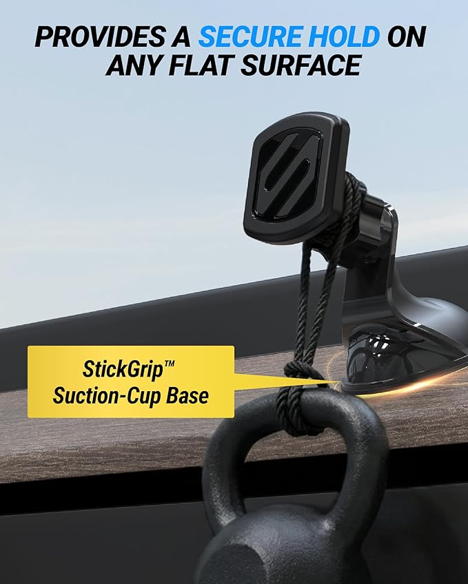 Scosche Extra Strength Suction Cup Phone Mount, Magnetic Dashboard/Windshield Mount Cell Phone Holder for Car with 360° Rotation, StickGrip Base & Thick Metal Plate for iPhone and Android, Not MagSafe