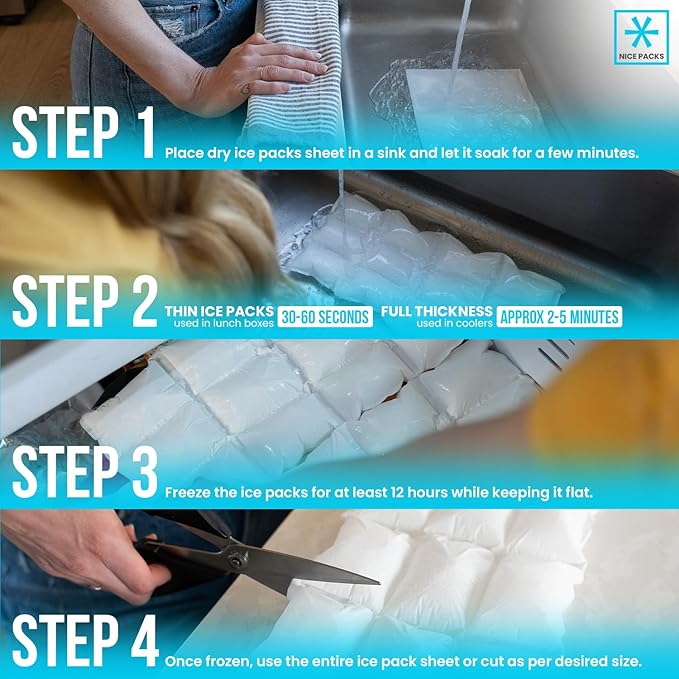 Nice Packs Reusable Dry Ice Packs for Coolers, Lunch Boxes, Frozen Food Shipping - Flexible and Long Lasting (10 Large Sheets)