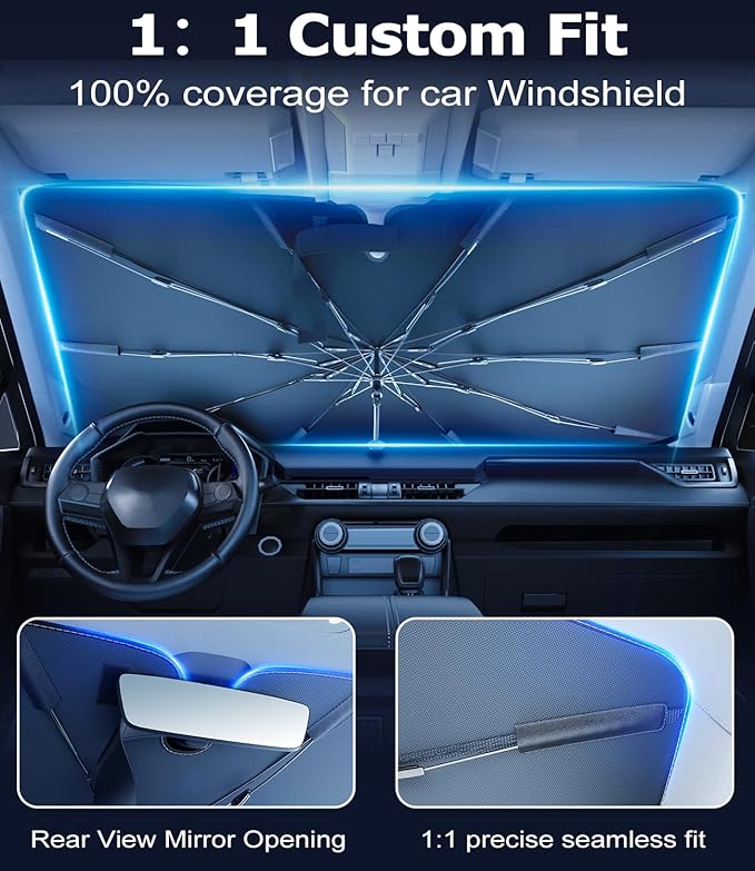 DMJN Umbrella Windshield Sun Shade for Toyota RAV4, Car Sunshade for Front Windshield [Nano Ice-Crystal Coatings] UPF50+ Heat & UV Block, Protect Interior & Keep Cooler