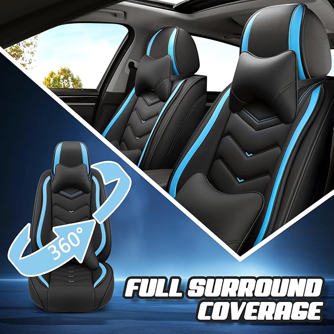 Car Seat Covers for Fiat 500 2012-2019, Premium Nappa Leather Car Seat Cover, Stylish Sport Seat Covers， Automobile Seat Cover Sets.(Luxury 2 Seats/Black Blue)