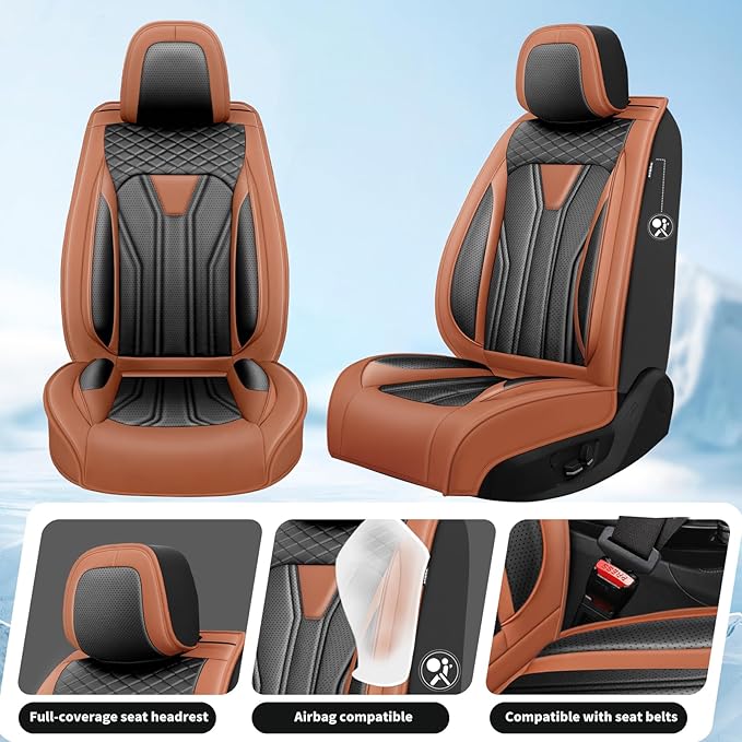 Fit Frontier Car Seat Covers Compatible with Nissan Frontier 2010-2025 2026 -Premium Leather，Waterproof Breathable，All-Weather Seat Cushion Protecto&Airbag Compatible (2 Front Seat Brown&Black)
