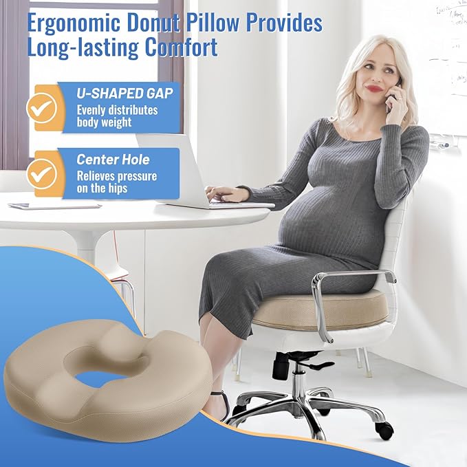 CloudBliss Donut Pillow Seat Cushion Chair Pad for Tailbone Pain Relief and Hemorrhoids, Memory Foam Seat Chair Cushion for Men and Women for Home & Office, (Khaki-XL)