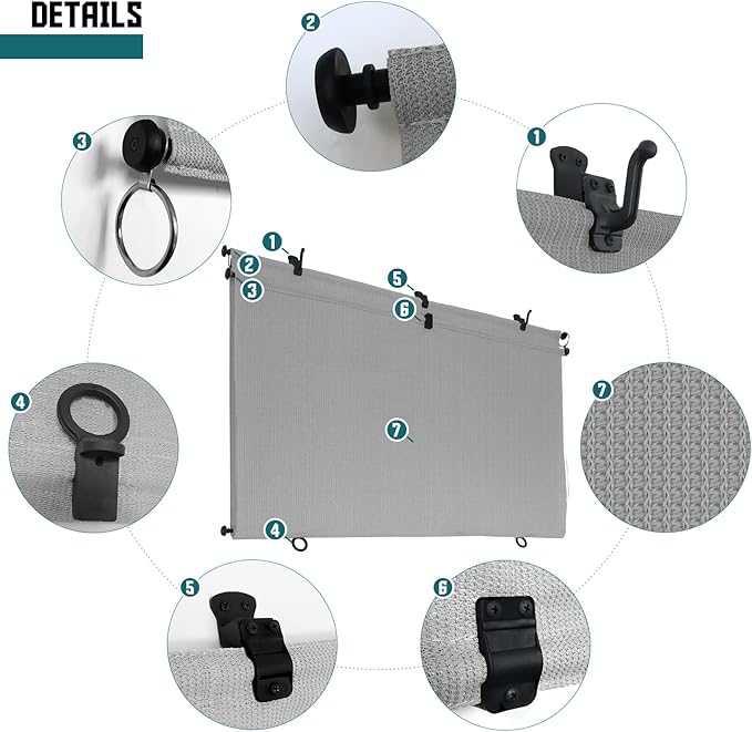 Bynbbur 7'W x 7'H Outdoor Patio Shades Foldable Roller Blinds, 220 GSM Sun Shade Roll Up Porch Screens Exterior Shade Cloth for Deck Pergola Backyard, Light Gray