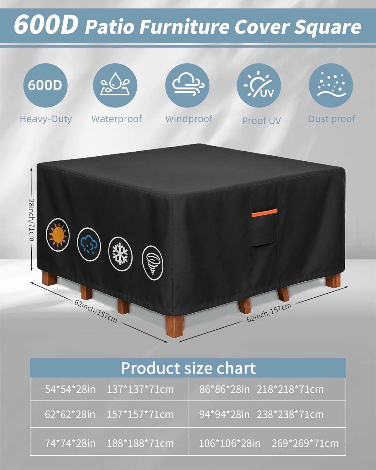 Outdoor Waterproof Furniture Cover, 62W x 62L x 28H inches Heavy Duty 600D Square Table and Chair Set Protection, Black