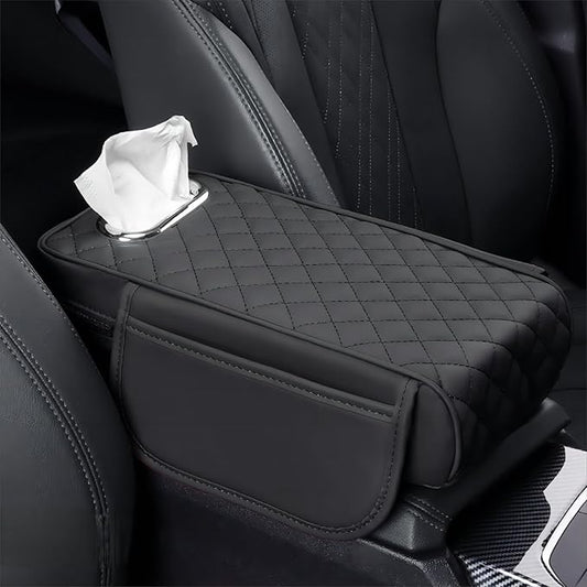 Center Console Cover Arm Rest Cover Leather Car Armrest Box Pad with Pocket Tissue Box Hole Auto Armrest Cover Cushion for Sedan Vehicle (Black)