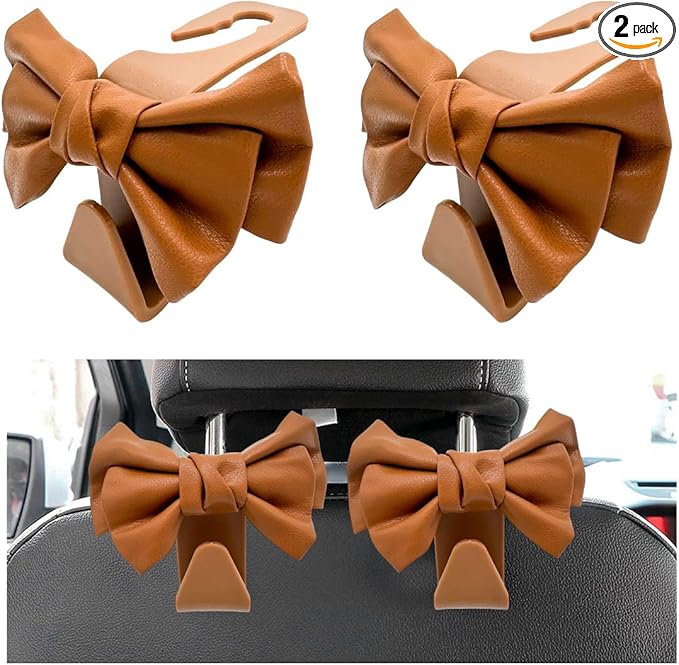 2PCS Purse Holder for Car Hooks, Cute Bow Car Seat Headrest Hooks Handbag Hanger, Bow Knot Auto Back Seat Organizer Storage Hook for Purse Bags Umbrellas, Car Accessories (Brown)
