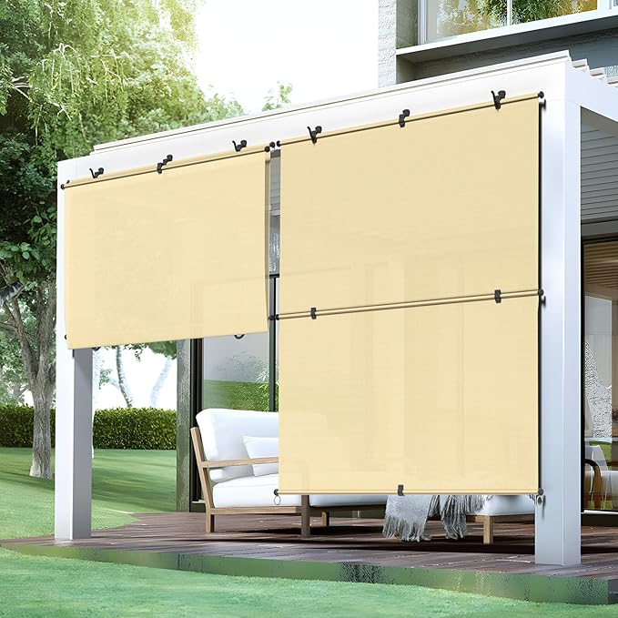 Bynbbur 6'W x 11'H Outdoor Patio Shades Foldable Roller Blinds, 220 GSM Sun Shade Roll Up Porch Screens Exterior Shade Cloth for Deck Pergola Backyard, Beige