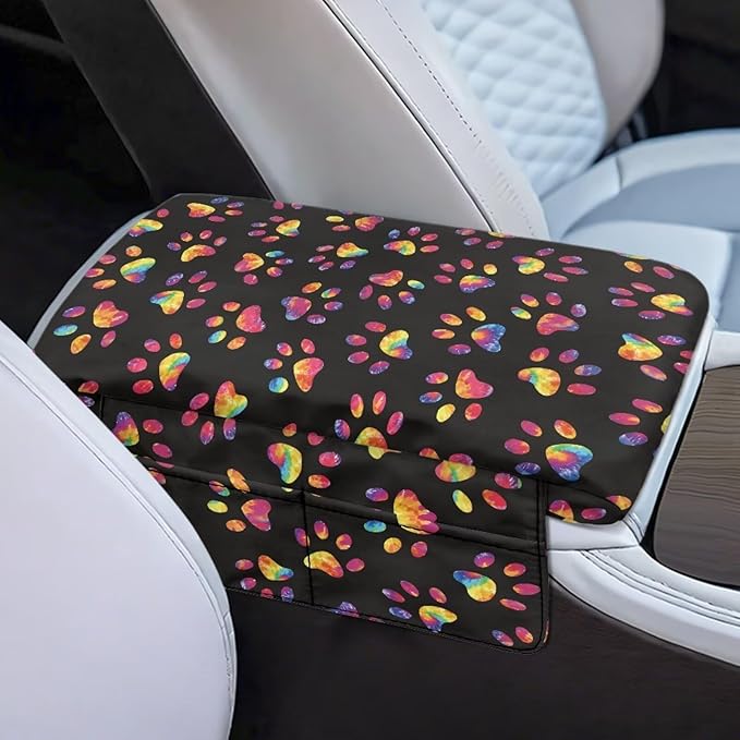Dreaweet Tie Dye Dog Paw Arm Rest Cover for Car Women Thick Center Console Cover with Pockets Soft Comfortable Car Armrest Cushion Universal Console Covers for SUV Trucks Sedan