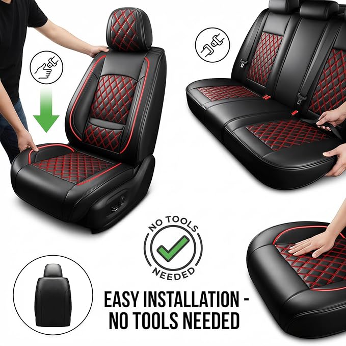 Fit Elantra Car Seat Covers for Hyundai Elantra 2017-2025 2026 - Premium Leather, Waterproof, All-Weather, Airbag Compatible, Anti-Slip, Breathable, Seat Protectors, Full Set, Redline