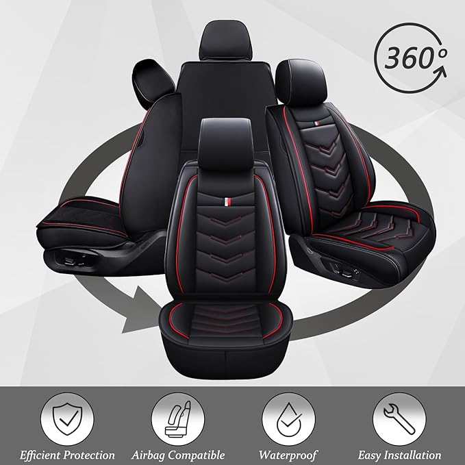 Car Seat Cover 7 Seats for Ford Explorer 2000-2025, Waterproof Durable Compatible Airbag, Premium Leather Seat Protector(7 Seats Standard,Black Red)