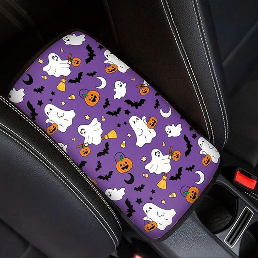 Ghost Bat Pumpkins Console Center Armrest Lid Cover Protector Car Armrest Storage Box Mat Interior Accessories for Most Vehicle, SUV