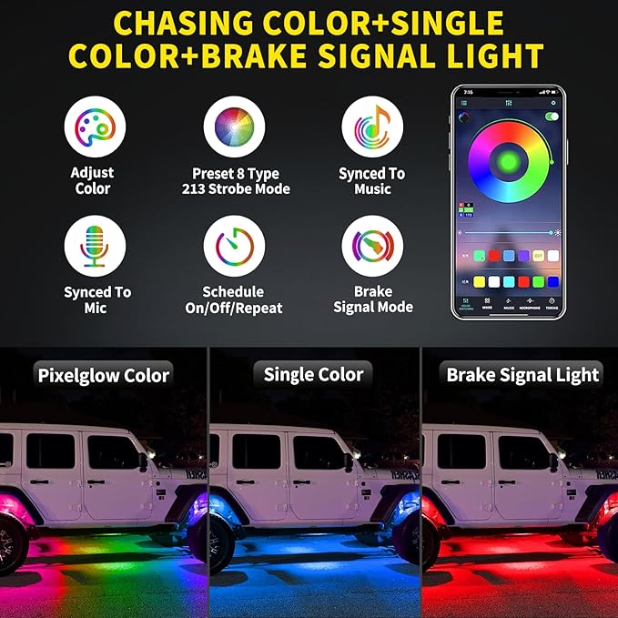16 Pods Full Angle RGB Rock Lights, App/Remote Control Chasing Led Rock Lights with Music Mode Waterproof Multi-Color, Compatible with 12V Trucks Jeep UTV SUV ATV Off Road Golf Cart(Patented)