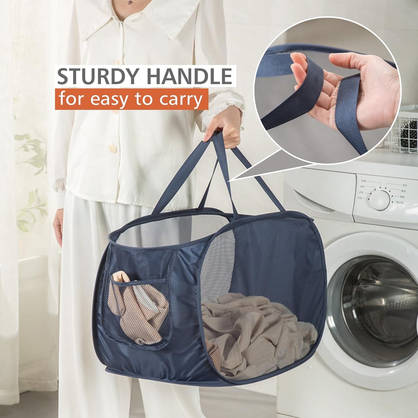 HONOMA Sturdy Mesh Laundry Hamper Basket Bag,Pop up Basket with Side Pocket for Laundry Room, Bathroom, Kids Room, College Dorm or Travel (Pop Horizontal, Beige)