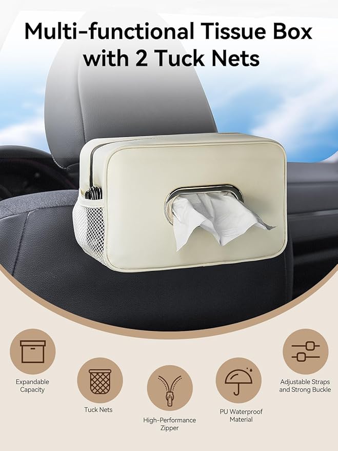 Multi-Functional Car Tissue Holder with ‌2 Storage Nets, Upgraded PU Leather Tissue Box Cover, Large Rectangle Napkin Organizer, Fit for 100-160 Regular Size Tissues, Keep Car Tidy, Beige