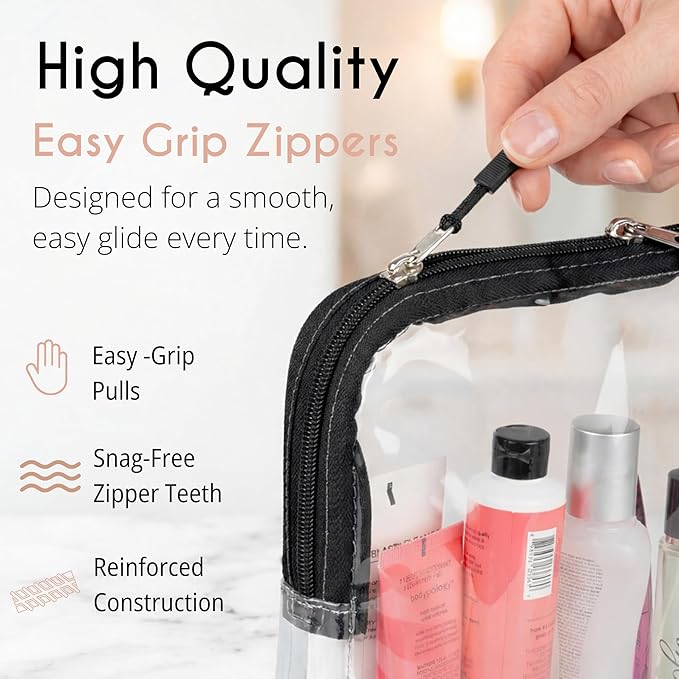 BORSALI TSA Approved Toiletry Bag - Clear Quart Size for 3-1-1 LIquids for Carry On Travel - Toiletries Organizer - Cosmetic Pouch with Zipper - Travel Accessories - Black With Handle
