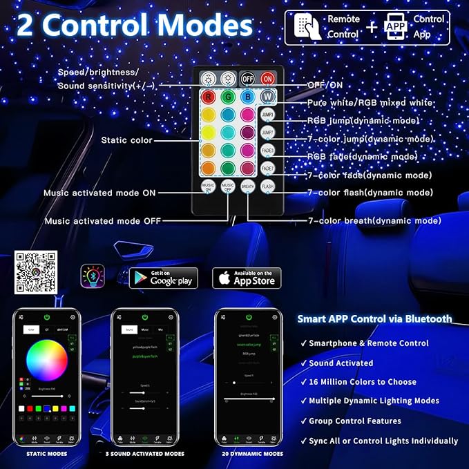 16W APP Fiber Optic Starlight Headliner Lights Kit, 300pcs*0.03in(6.5ft/2m) Optical Fiber Star Music Activated RGBW Ceiling Light Kit for Car Headliner Star/Home