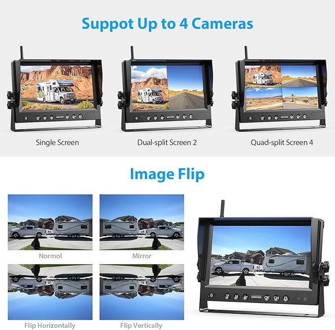 ZEROXCLUB 3 Magnetic Solar Wireless Backup Camera System, Quad RV Rearview Backup Cameras Wireless System with HD1080P 9 Inch DVR Monitor for Trailer RV Trucks, Built-in 9600mAh Solar Battery, BL903
