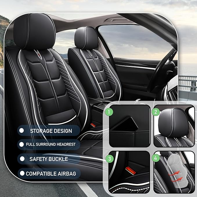 Leather Car Seat Covers Fit for Toyota Avalon Hybrid 2013-2024, 5 Seater Car Seat Cover, Premium Waterproof, Scratch Resistant Car Interior Accessories (Full Set Black White)