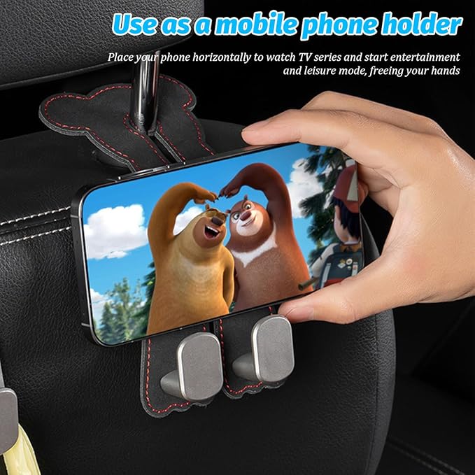 Car Seat Headrest Hook, 2PCS Cute 2 In 1 Vehicle Backseat Hanger Storage Double Hook with Phone Holder, Auto Interior Hanging Organizer Accessories, Universal for SUV Sedan Truck (Grey)