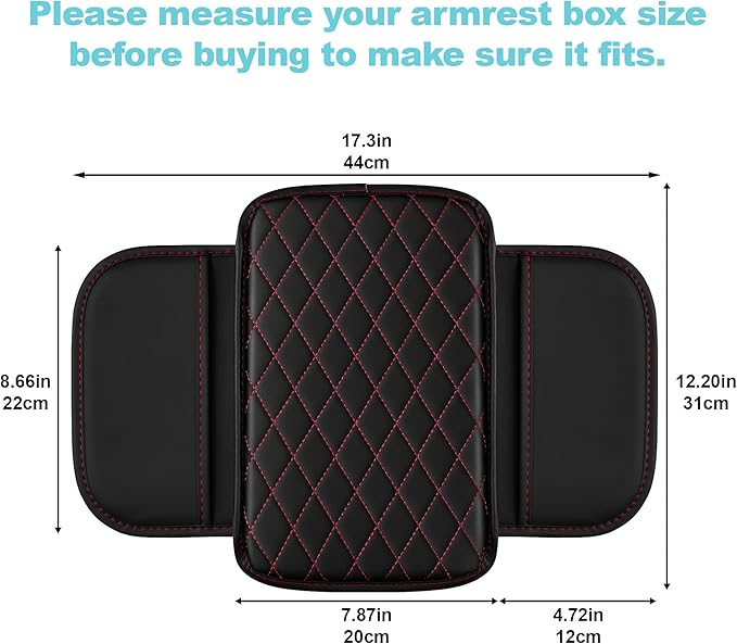 Center Console Cover Fit for Kia Soul 2010-2025 with 2 Storage Bags Waterproof Leather Quilted Pattern Car Armrest Cover Cushion Anti - Slip(Black&Red Line)