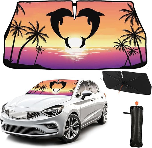 CHILL·TEK Funny Animal Car Windshield Sun Shade Umbrella, Dolphin Love Car Sun Shade Umbrella, Block UV Rays Heat Foldable Windshield Umbrella Sun Visor Protector - Keep Vehicle Cool for Cars SUV