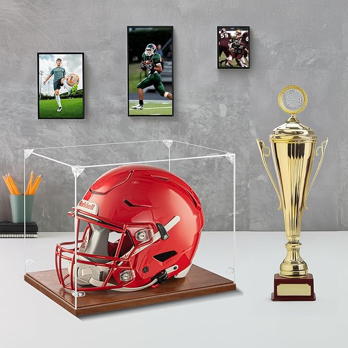 GYaozii Mini Helmet Display Case, UV Protection Thickened Clear Acrylic Souvenirs and Collectibles Box, 1/2 Football Baseball Helmet Showcase with Solid Wood Base for Sports Enthusiast